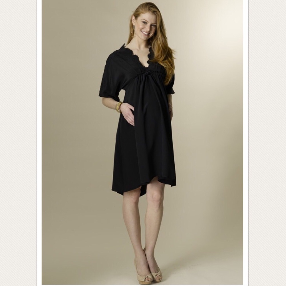 Rosie pope embroidery scallop trim grace v neck black silk dress
